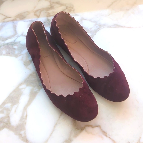 Chloe Suede Burgundy Purple Scalloped Ballerina Flats - Picture 2 of 5